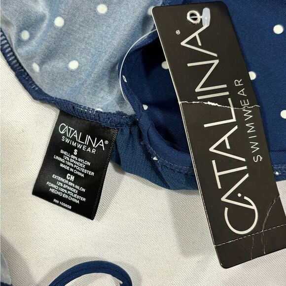 MSRP $48 Catalina Womens Tankini Top Build-in Bra Navy Top White Polka Dot - Picture 5 of 6